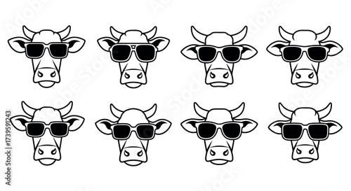 Eight diverse cow head illustrations wearing stylish sunglasses for a cool farm aesthetic vector