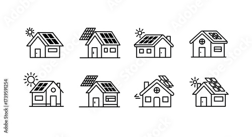 Collection of hand-drawn houses featuring solar panels for sustainable energy solutions vector