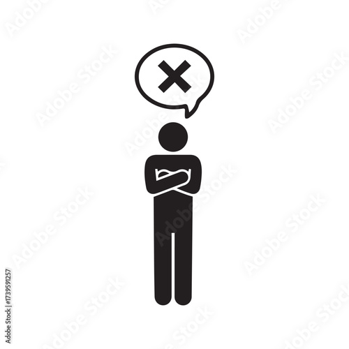 Stick Figure Rejection Icon, Person with Crossed Arms and X Symbol Showing Disapproval, Denial, and Refusal.
