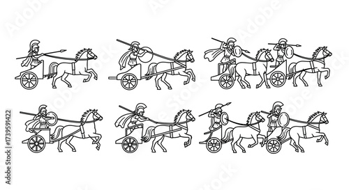 Ancient roman chariots drawn by horses in dynamic movement sequence outline vector