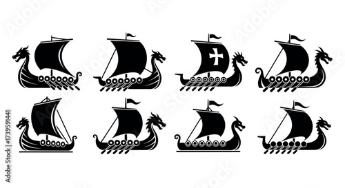 Set of viking longship silhouettes for ancient maritime history and scandinavian culture vector