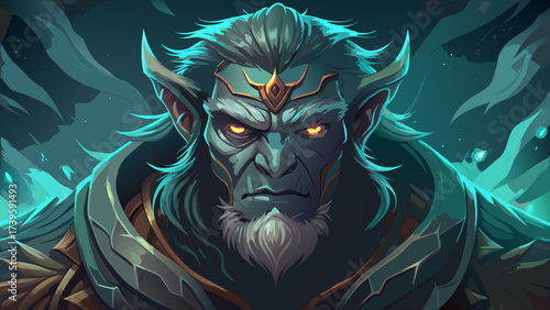 Close-up portrait of a majestic fantasy giant, glowing eyes, detailed face, surreal skin texture, mythical creature, magical aura, dreamlike atmosphere, imaginative artwork, epic fantasy character, 