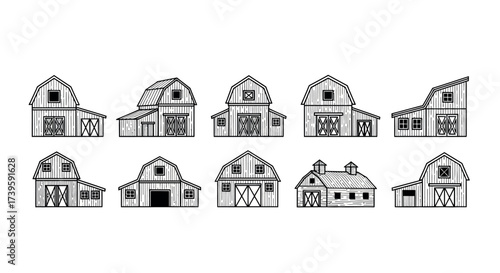 Collection of rustic barns and farm buildings sketchy line art style vector