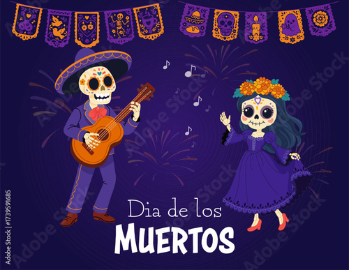 Festive Dia de los Muertos couple poster with papel picado and music