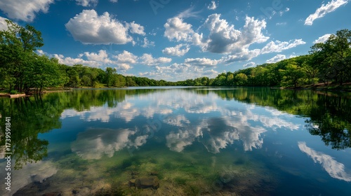 Picturesque scene showcasing a tranquil lake reflecting fluffy white clouds and the vibrant blue sky above, bordered by lush green trees and foliage along the distant shoreline, evoking a sense of...
