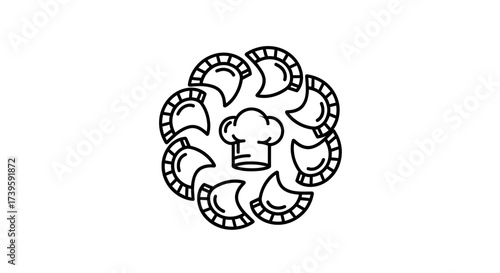 Circular arrangement of dumplings around a chef hat icon in outline style vector