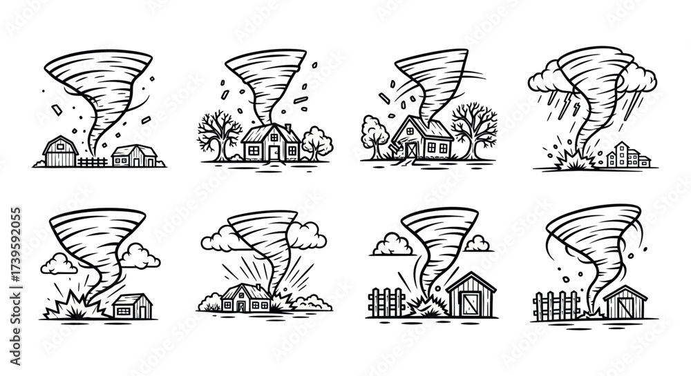 Fototapeta premium Collection of hand drawn tornadoes affecting rural houses and trees in sketch style vector