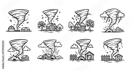 Collection of hand drawn tornadoes affecting rural houses and trees in sketch style vector