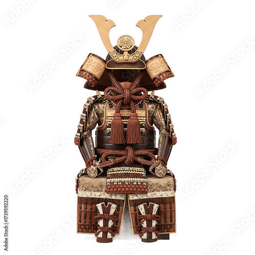 Samurai armor display ornate helmet detailed body covering  elaborate stand on a black backdrop