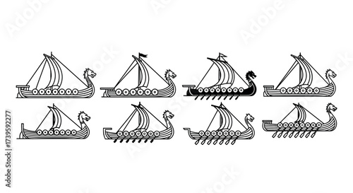 Collection of ancient viking longships displayed side by side in detailed line art vector