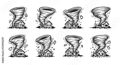 Collection of tornadoes and destroyed houses hand drawn style isolated element set vector