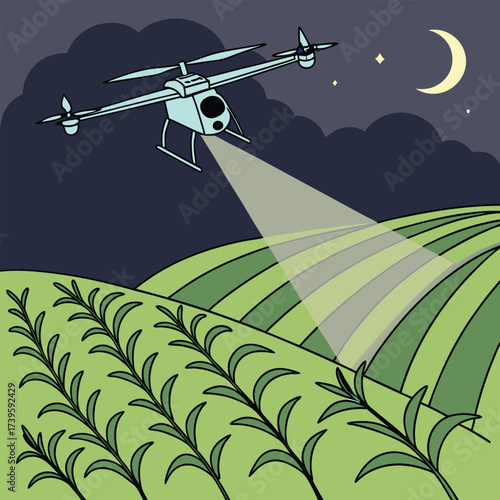 Drone spraying crops at night over a farm field under a crescent moon