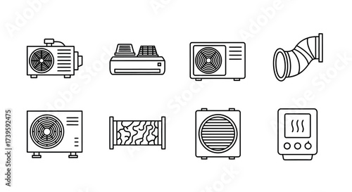Collection of various air conditioning units and components line art icons for hvac systems vector