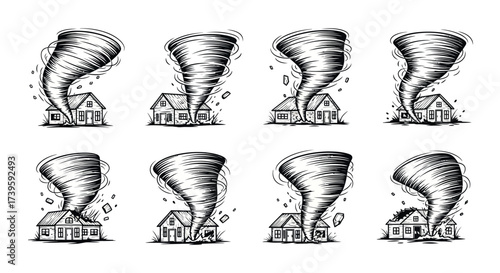 Collection of stylized tornadoes swirling above houses in artistic hand-drawn sketch style vector