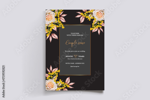 WEDDING INVITATION FRAME WITH FLOWER DECORATIONS AND FRESH LEAVES