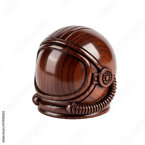Wood sculpture of astronaut helmet brown finish visible wood grain coiled tube detail dark background
