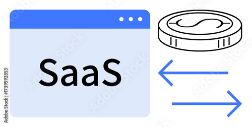 SaaS browser window with coin and bidirectional arrows representing monetary exchange. Ideal for subscription, cloud computing, revenue model, technology, software, business growth, simple flat