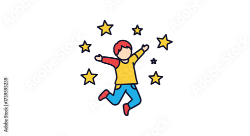 A cheerful cartoon boy jumps happily surrounded by shining gold stars, exuding youthful energy and