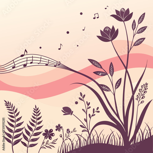 Whimsical floral garden with floating musical notes, a beautiful illustration for greeting cards, invitations, or a relaxing nature themed design project