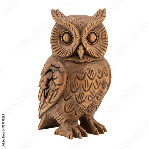 Woodcarved owl with a detailed facade Carvings on the feathers wings and head create a textured surface Solid black backdrop