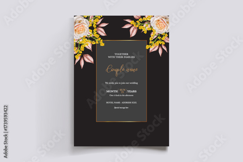 WEDDING INVITATION FRAME WITH FLOWER DECORATIONS AND FRESH LEAVES