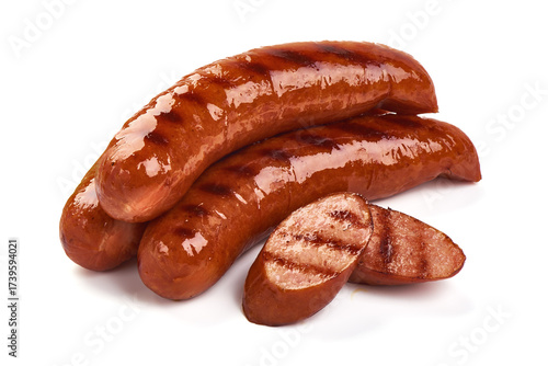 Grilled bratwurst Pork Sausages with basil leaves, close-up, isolated on white background