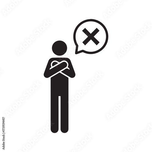Stick Figure Rejection Icon, Person with Crossed Arms and X Symbol Showing Disapproval, Denial, and Refusal.
