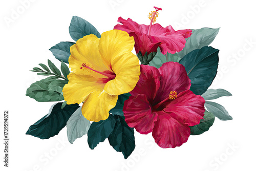 A vibrant illustration of three hibiscus flowers in red and yellow, surrounded by green leaves