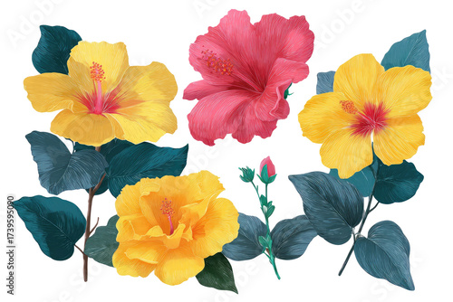 Group of colorful tropical flowers with green leaves and stems on a black background
