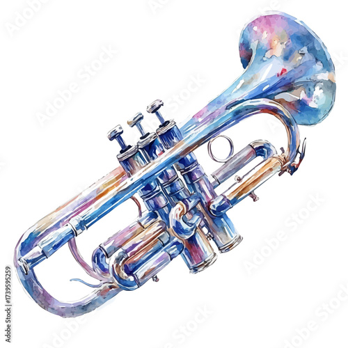 watercolor vector of Trumpet, isolated on a white background.