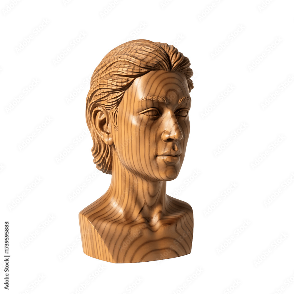 Obraz premium Wooden sculpture of a persons head and shoulders on a black background