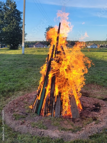 A burning fire prepared for a holiday, festivities