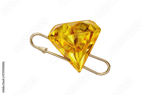 A yellow gem in a diamond shape, secured by a gold safety pin against a black background