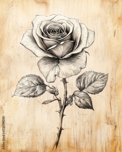 Vintage Hand-Drawn Rose Sketch on Aged Parchment Paper sketch vintage hand-drawn parchment drawing