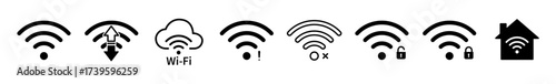 Wifi icon set. Wi-Fi Signal, connection, error, no Signal, smart home, security symbol. Wireless network logo. Vector illustration.