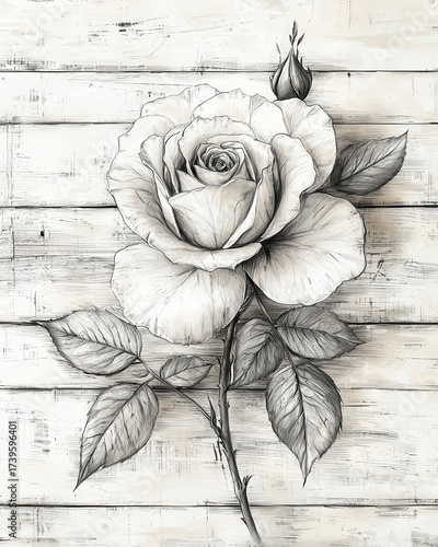 Black and White Rose Drawing on Rustic Wooden Background rose drawing rustic wooden flower sketch ai