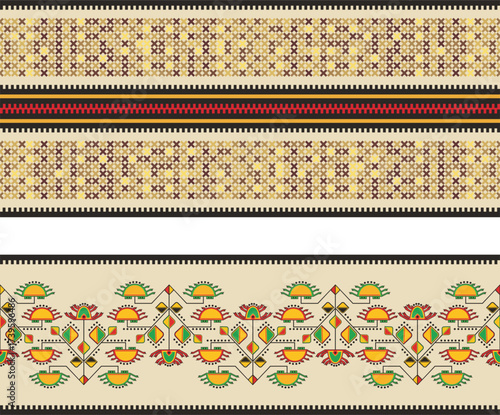 Slavic ornamental seamless frieze vector series. Authentic Eastern European traditional decorative patterns of folk costumes, damasks, carpets. Balkan folklore embroidery motifs.