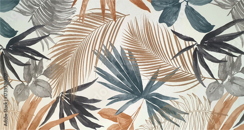 Texture of wallpaper or fabric with an ornament of palm leaves on a white background. Print with palm leaves ornament. Exotic background ornament. Interior design wallpaper. Fashion design.