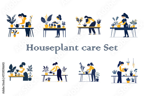 Set of woman caring for houseplants