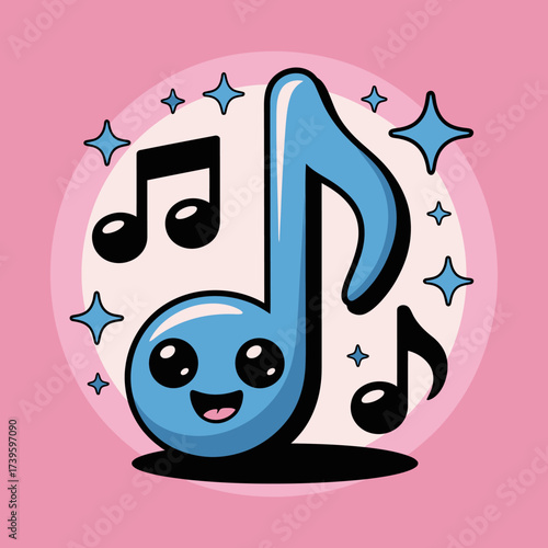 This vibrant illustration features a cheerful blue musical note character surrounded by music notes and sparkling stars, encapsulating joy and fun in music.