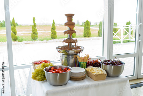 Chocolate fountain and fruits. Liquid chocolate dessert at a party.