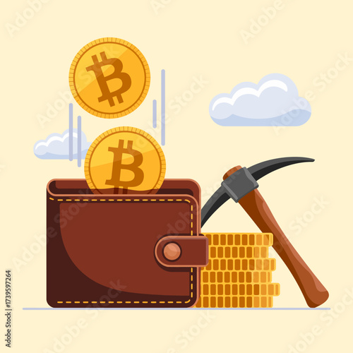 A contemporary wallet is depicted with Bitcoin coins being added, showcasing modern finance and the digital currency boom alongside a pickaxe for mining.