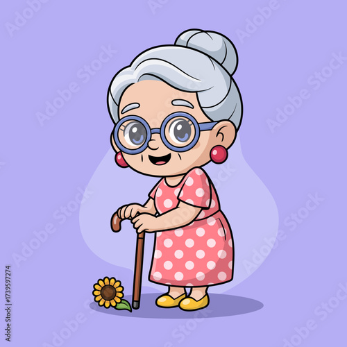 A charming elderly lady with glasses and a cane, holding a sunflower, embodying wisdom, warmth, and the joy of simple pleasures in life.