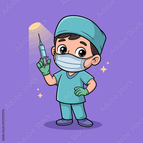 This charming illustration depicts a young surgeon in scrubs, confidently holding a syringe, symbolizing care, professionalism, and the medical field's importance.