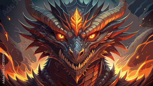 Close-up of an epic fire dragon head, glowing scales, fiery eyes, surreal skin texture, fantasy aura, dreamlike atmosphere, powerful mythical creature, imaginative design, legendary artwork, magical 