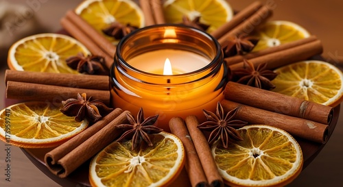 Warmly scented candle surrounded by cinnamon sticks and dried oranges