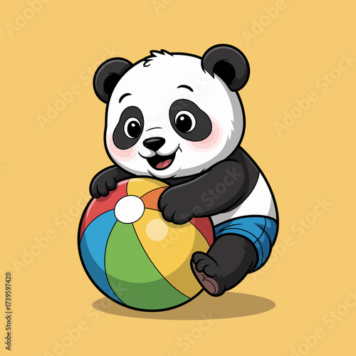 A cute cartoon panda happily plays with a bright, colorful beach ball. This lively imagery evokes joy and play, perfect for children's products or fun designs.