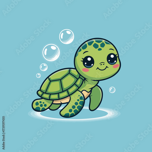 A charming cartoon turtle swims playfully under the sea with cheerful bubbles, representing joy and innocence in marine life, designed in a vibrant and engaging style.
