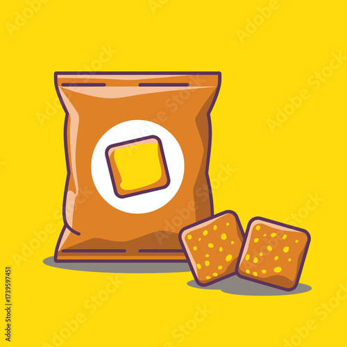 An enticing snack bag depicted with colorful, cartoonish crackers showcases a fun and appetizing design appealing to consumers looking for convenience and enjoyment in snacking.