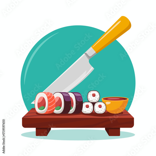 A delicious sushi platter beautifully arranged with a sharp knife, symbolizing culinary artistry, making it ideal for food-related businesses, blogs, and restaurants.